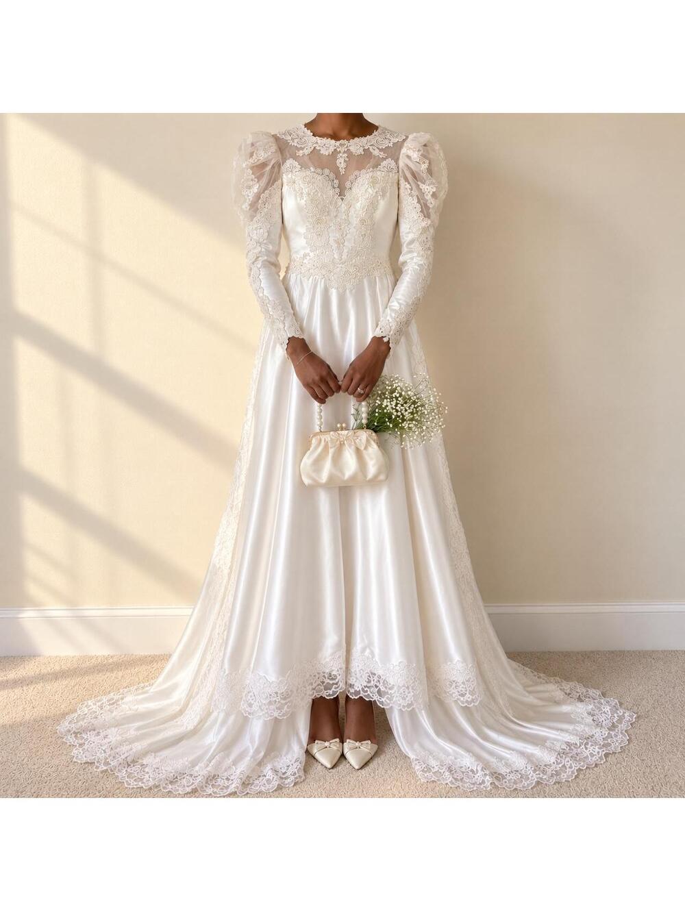 80s Bridal Originals Satin Lace Wedding Dress Puff Sleeve Bow Train size 6